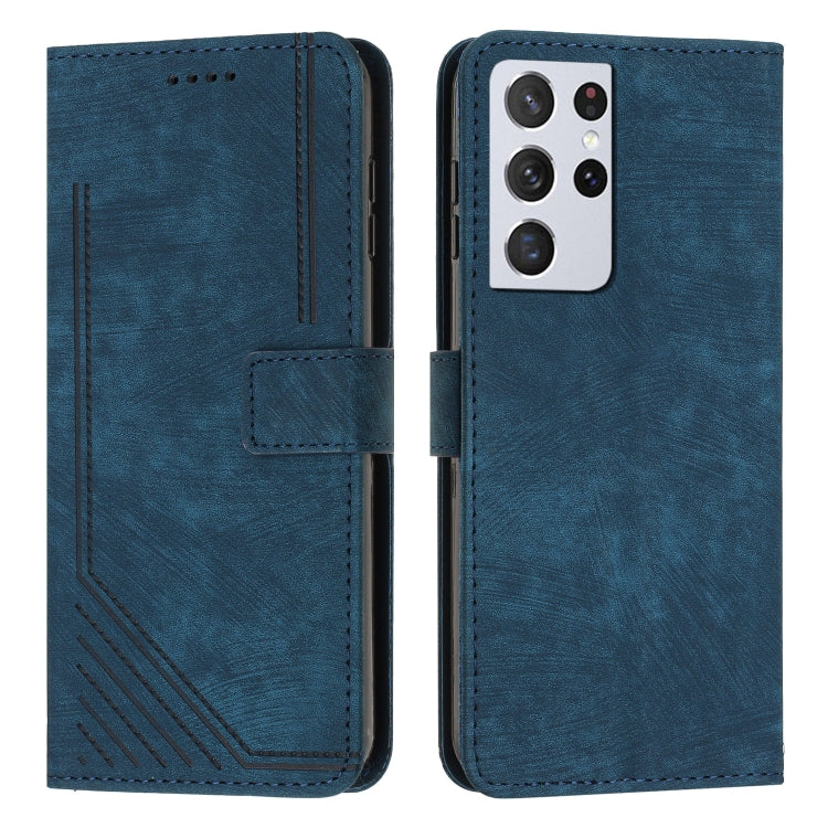 For Samsung Galaxy S21 Ultra 5G Skin Feel Stripe Pattern Leather Phone Case with Lanyard