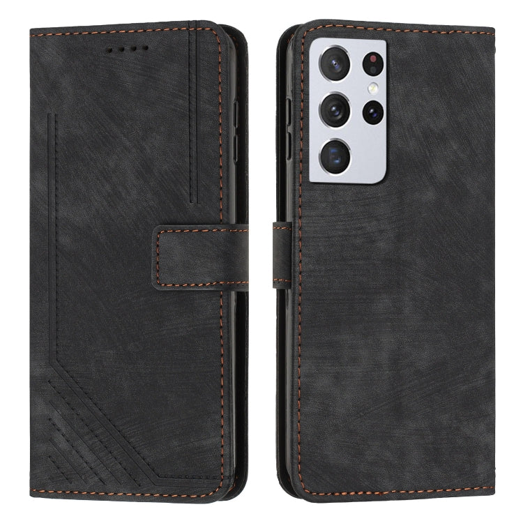 For Samsung Galaxy S21 Ultra 5G Skin Feel Stripe Pattern Leather Phone Case with Lanyard