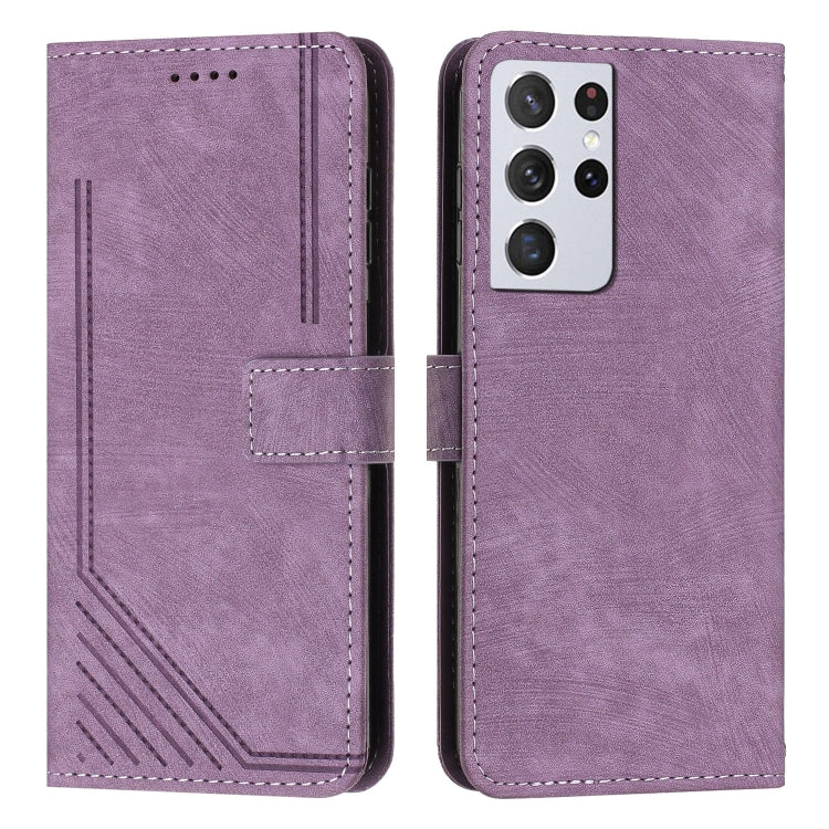 For Samsung Galaxy S21 Ultra 5G Skin Feel Stripe Pattern Leather Phone Case with Lanyard