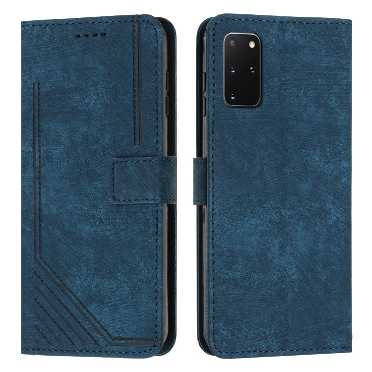 For Samsung Galaxy S20+ Skin Feel Stripe Pattern Leather Phone Case with Lanyard