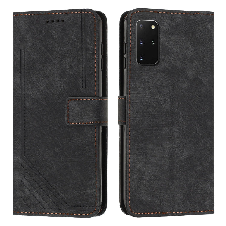 For Samsung Galaxy S20+ Skin Feel Stripe Pattern Leather Phone Case with Lanyard