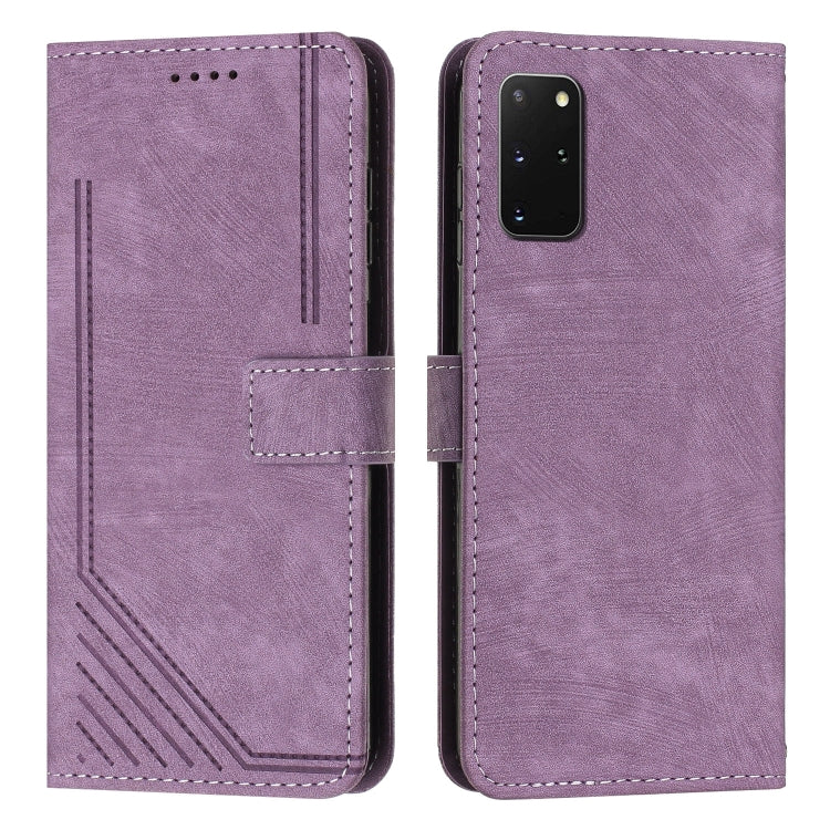 For Samsung Galaxy S20+ Skin Feel Stripe Pattern Leather Phone Case with Lanyard