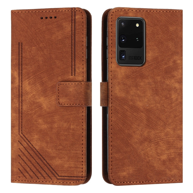 For Samsung Galaxy S20 Ultra Skin Feel Stripe Pattern Leather Phone Case with Lanyard