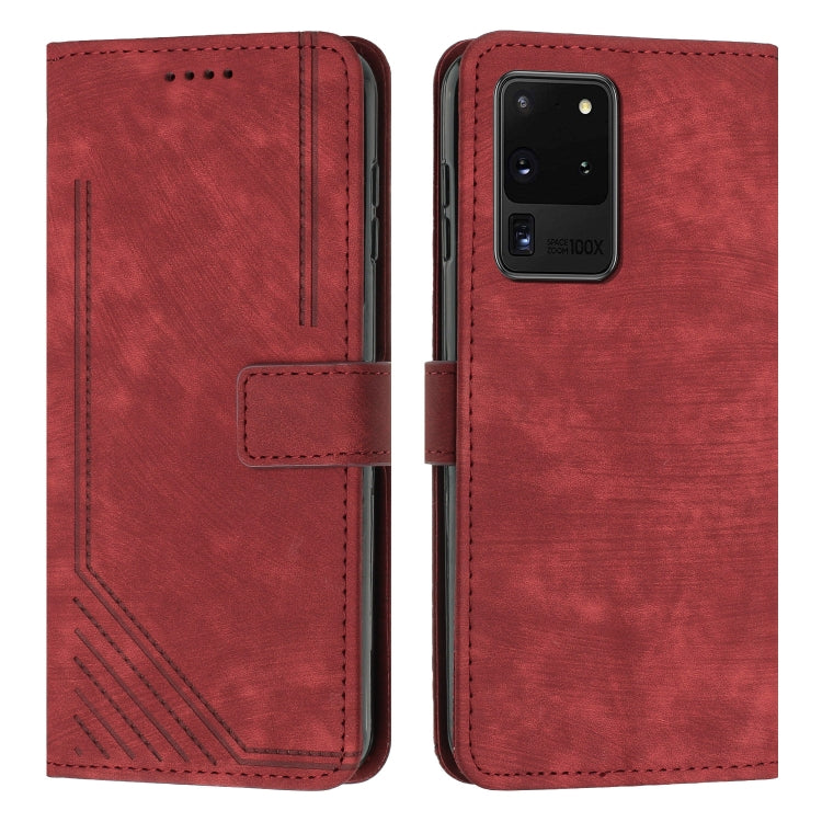 For Samsung Galaxy S20 Ultra Skin Feel Stripe Pattern Leather Phone Case with Lanyard