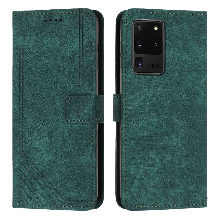 For Samsung Galaxy S20 Ultra Skin Feel Stripe Pattern Leather Phone Case with Lanyard