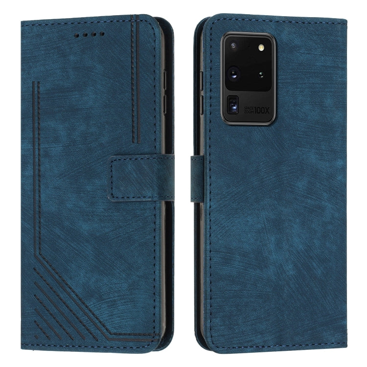 For Samsung Galaxy S20 Ultra Skin Feel Stripe Pattern Leather Phone Case with Lanyard
