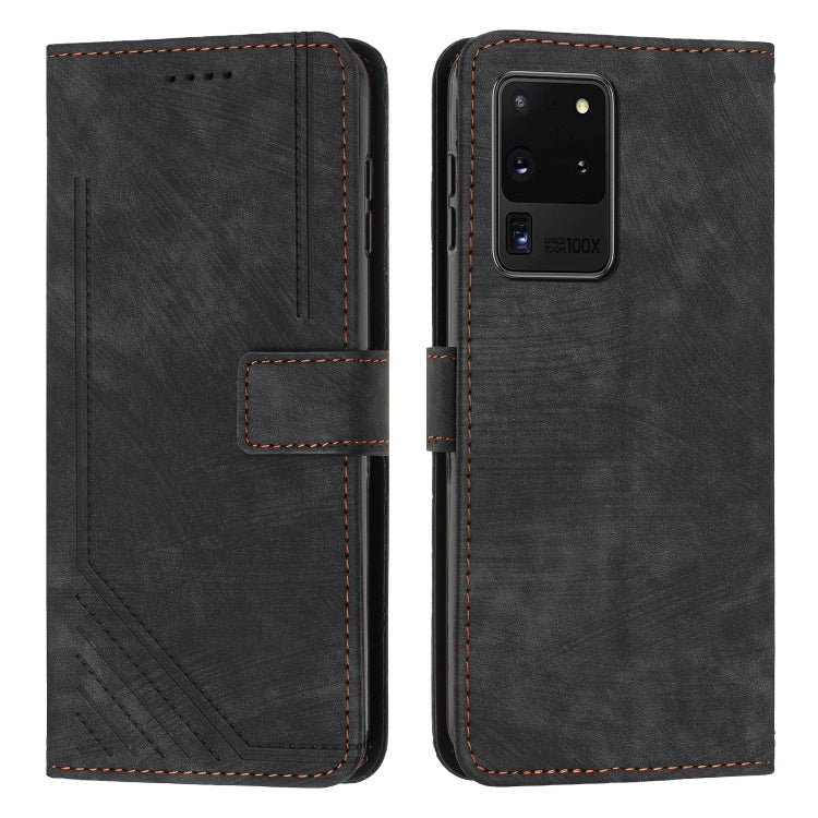 For Samsung Galaxy S20 Ultra Skin Feel Stripe Pattern Leather Phone Case with Lanyard