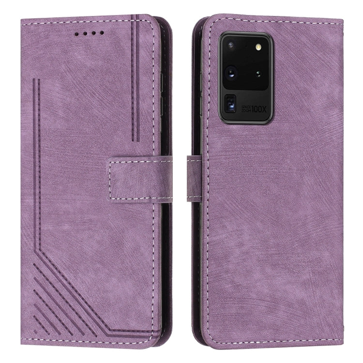 For Samsung Galaxy S20 Ultra Skin Feel Stripe Pattern Leather Phone Case with Lanyard