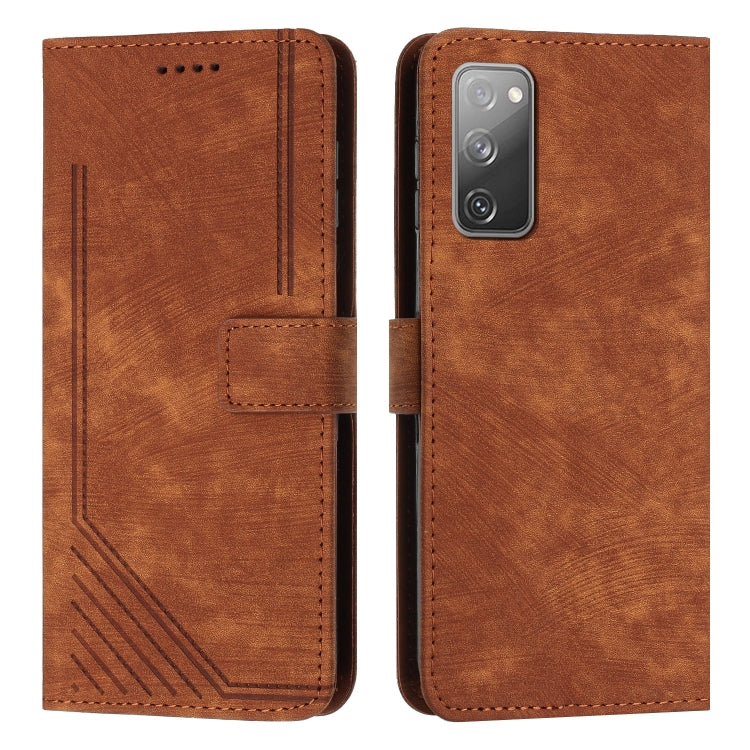 For Samsung Galaxy S20 FE Skin Feel Stripe Pattern Leather Phone Case with Lanyard