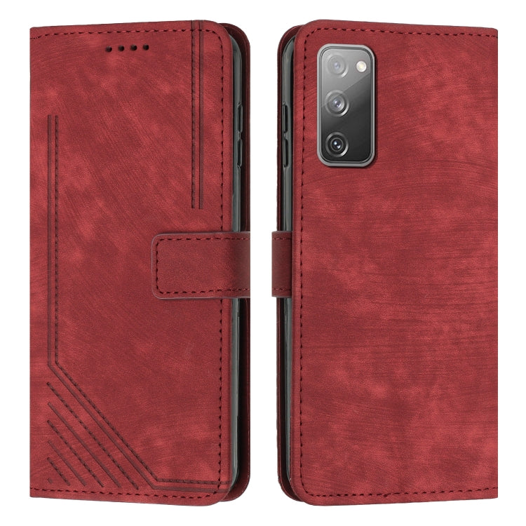 For Samsung Galaxy S20 FE Skin Feel Stripe Pattern Leather Phone Case with Lanyard