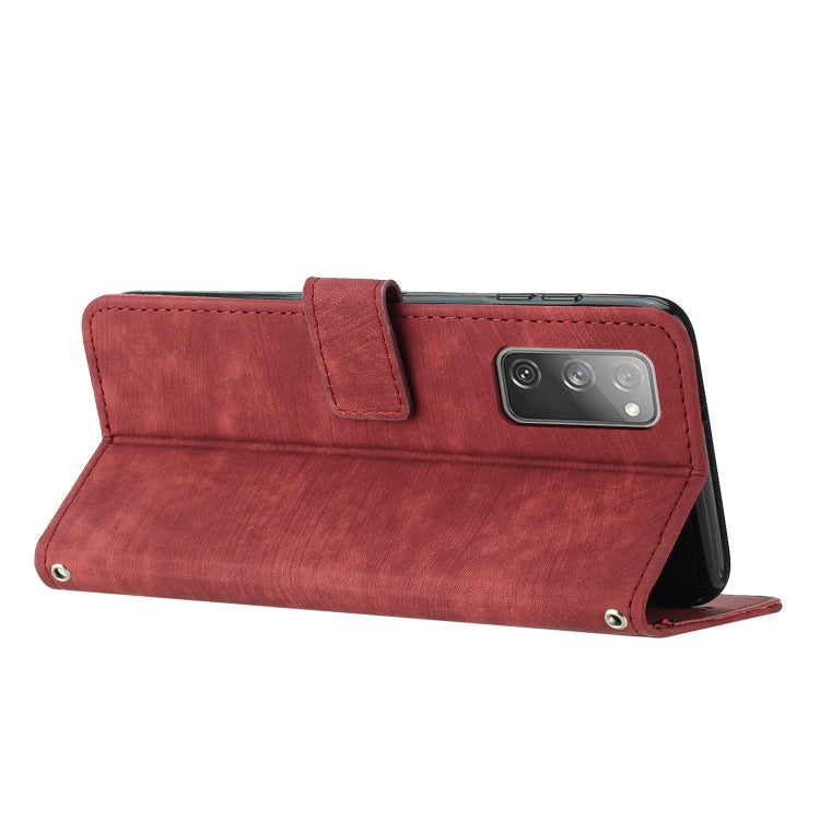 For Samsung Galaxy S20 FE Skin Feel Stripe Pattern Leather Phone Case with Lanyard