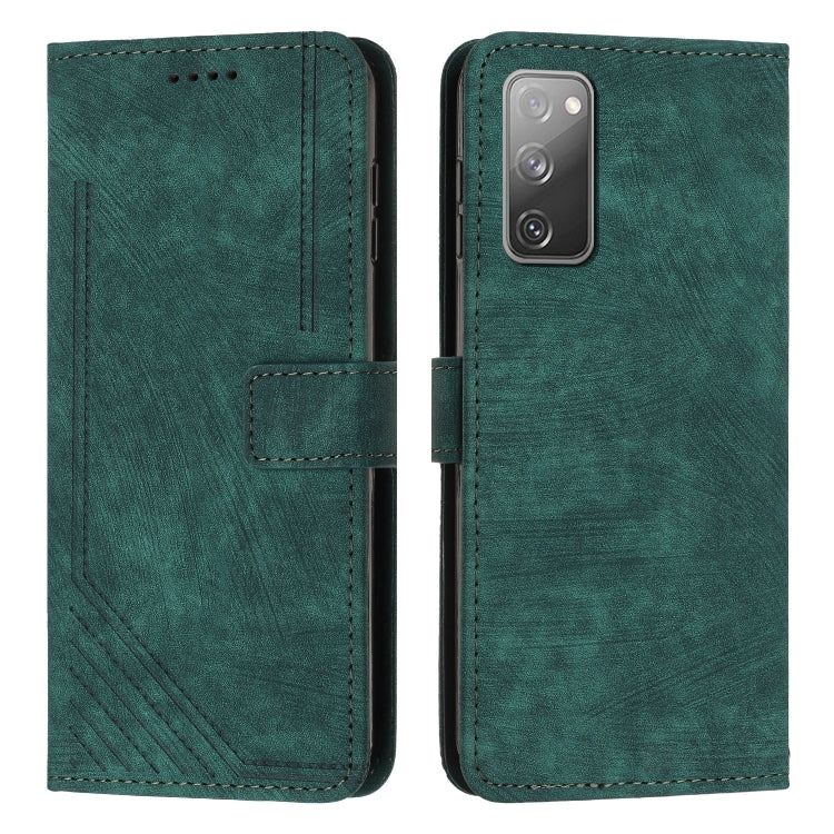 For Samsung Galaxy S20 FE Skin Feel Stripe Pattern Leather Phone Case with Lanyard