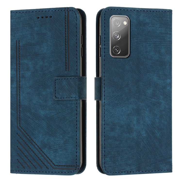For Samsung Galaxy S20 FE Skin Feel Stripe Pattern Leather Phone Case with Lanyard