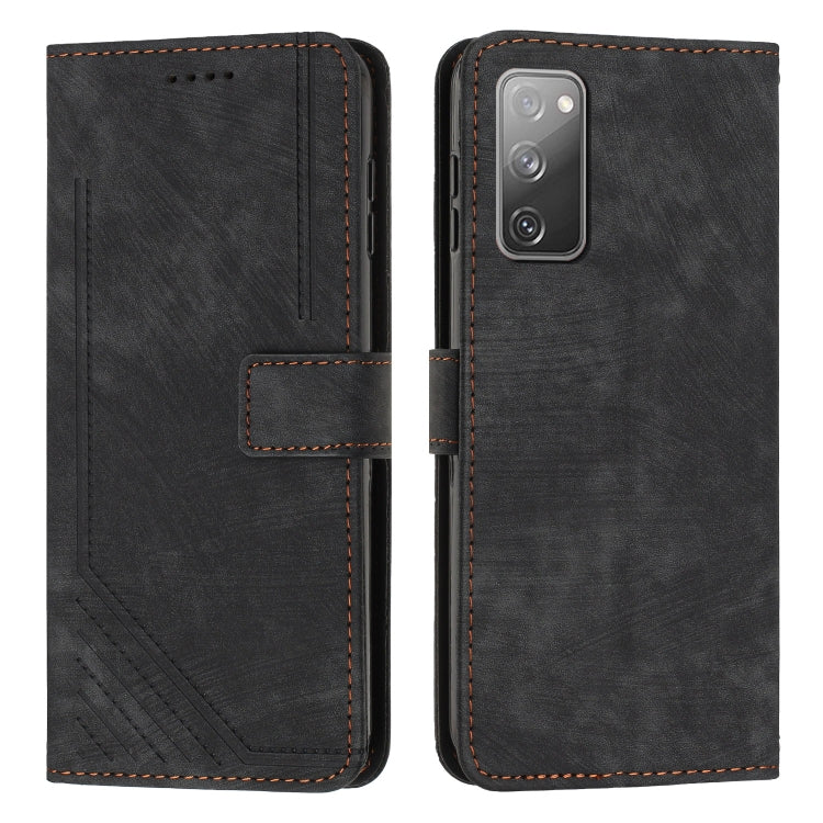 For Samsung Galaxy S20 FE Skin Feel Stripe Pattern Leather Phone Case with Lanyard