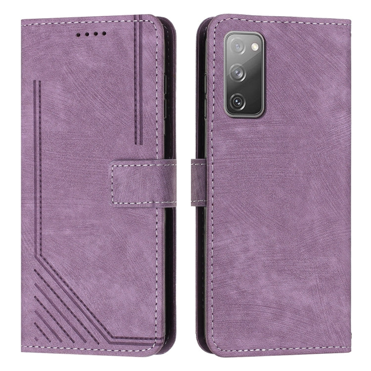 For Samsung Galaxy S20 FE Skin Feel Stripe Pattern Leather Phone Case with Lanyard