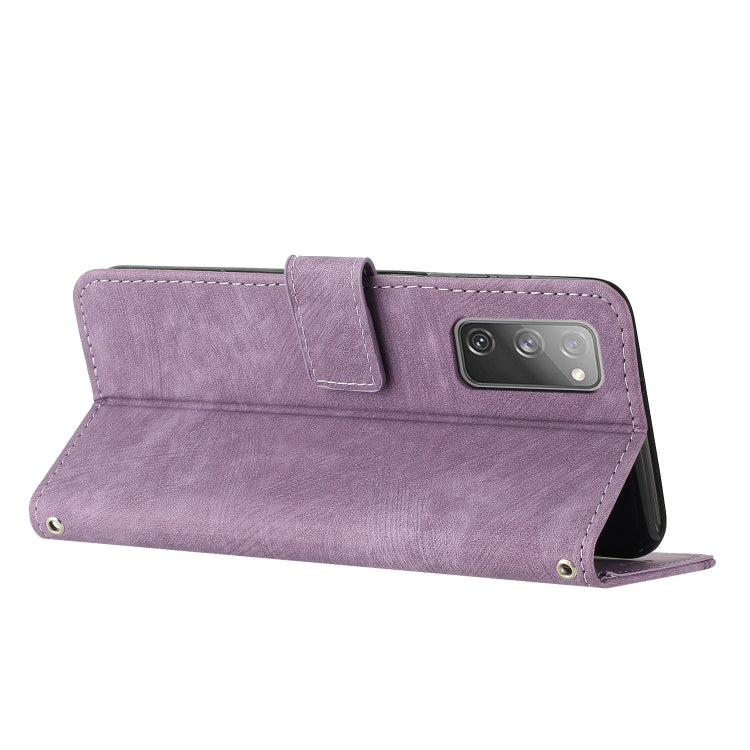 For Samsung Galaxy S20 FE Skin Feel Stripe Pattern Leather Phone Case with Lanyard