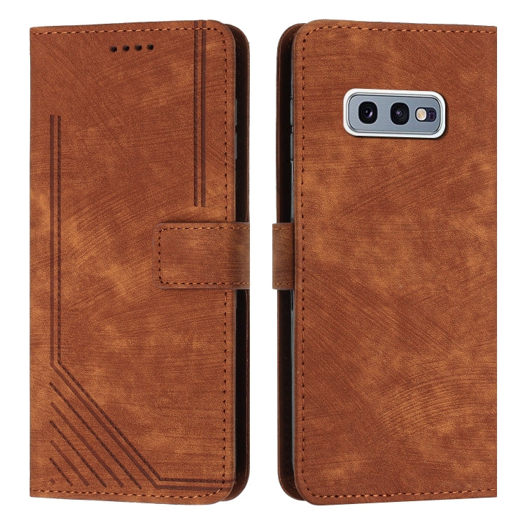 For Samsung Galaxy S10e Skin Feel Stripe Pattern Leather Phone Case with Lanyard