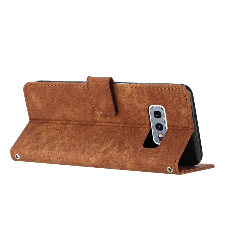 For Samsung Galaxy S10e Skin Feel Stripe Pattern Leather Phone Case with Lanyard