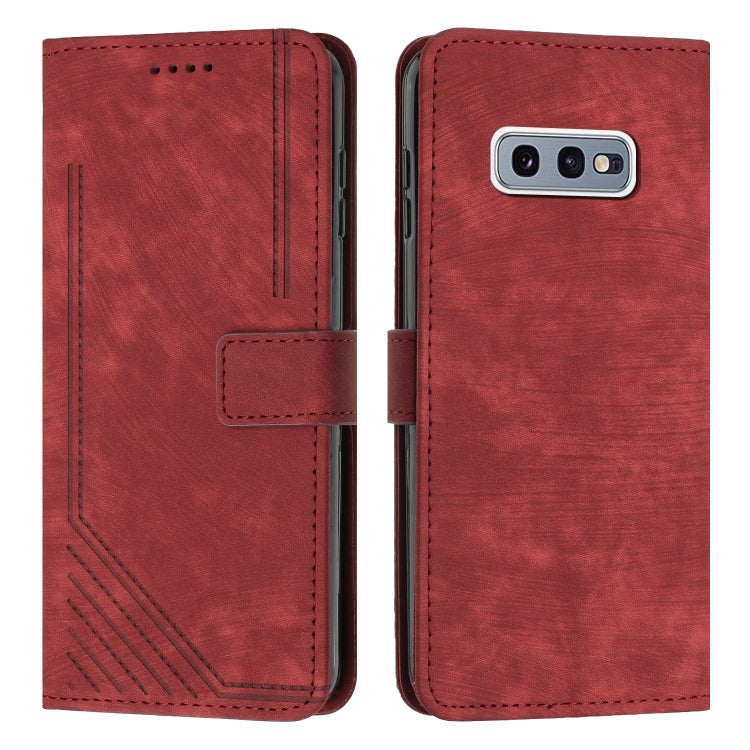 For Samsung Galaxy S10e Skin Feel Stripe Pattern Leather Phone Case with Lanyard
