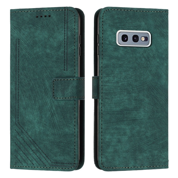 For Samsung Galaxy S10e Skin Feel Stripe Pattern Leather Phone Case with Lanyard