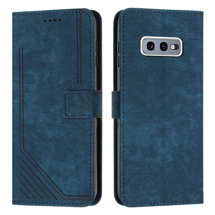 For Samsung Galaxy S10e Skin Feel Stripe Pattern Leather Phone Case with Lanyard