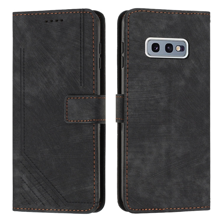 For Samsung Galaxy S10e Skin Feel Stripe Pattern Leather Phone Case with Lanyard