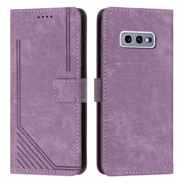 For Samsung Galaxy S10e Skin Feel Stripe Pattern Leather Phone Case with Lanyard