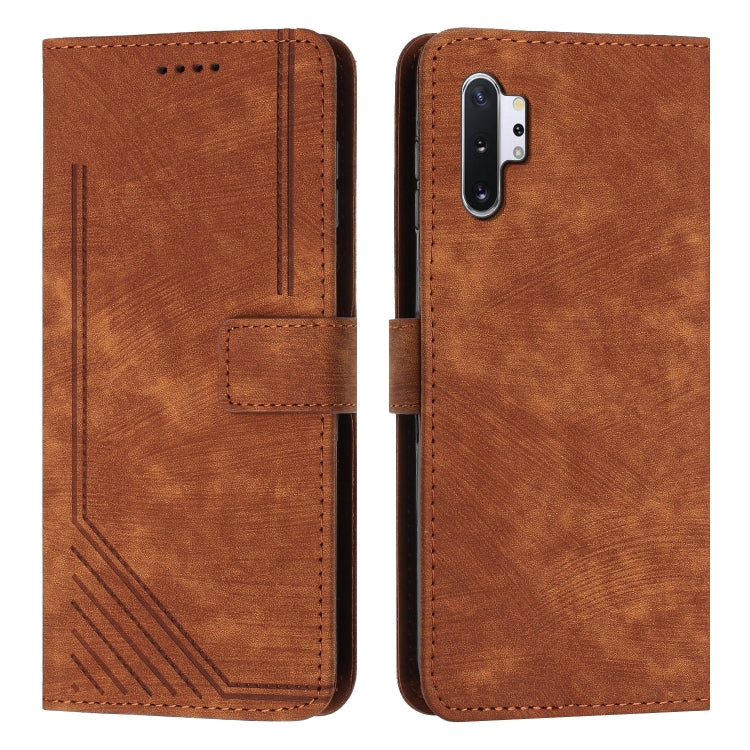 For Samsung Galaxy Note10+ Skin Feel Stripe Pattern Leather Phone Case with Lanyard