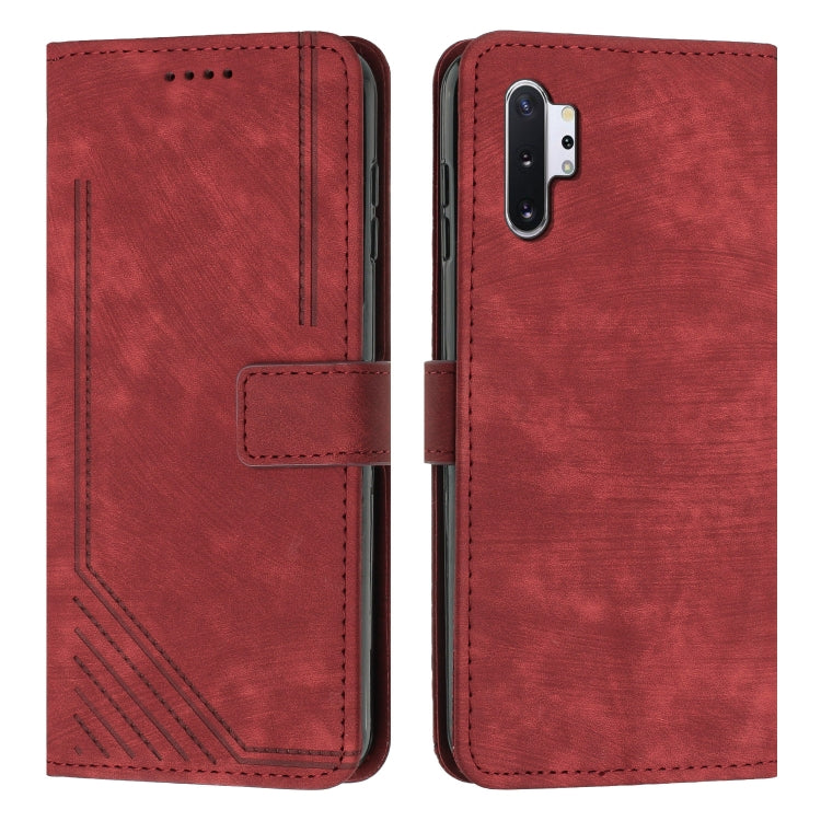 For Samsung Galaxy Note10+ Skin Feel Stripe Pattern Leather Phone Case with Lanyard