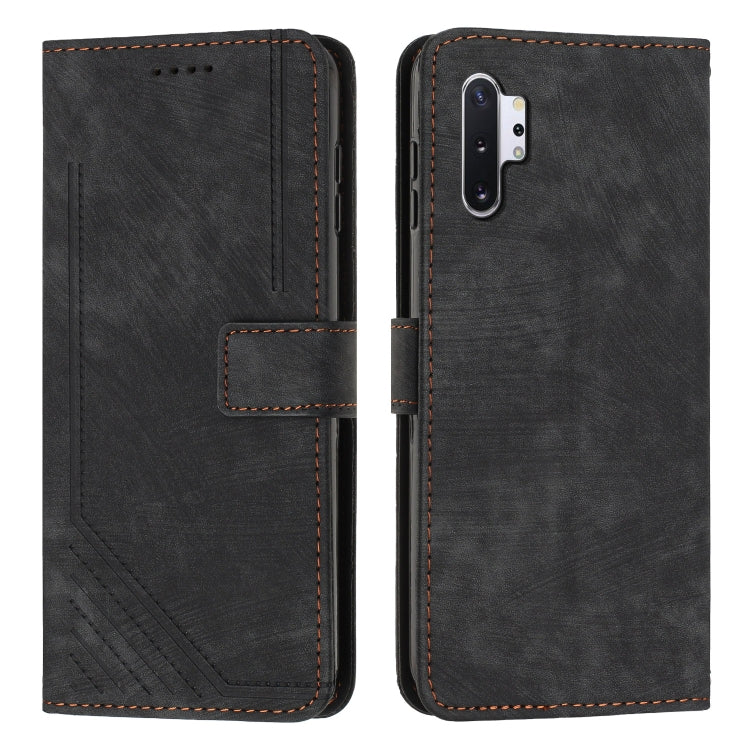 For Samsung Galaxy Note10+ Skin Feel Stripe Pattern Leather Phone Case with Lanyard