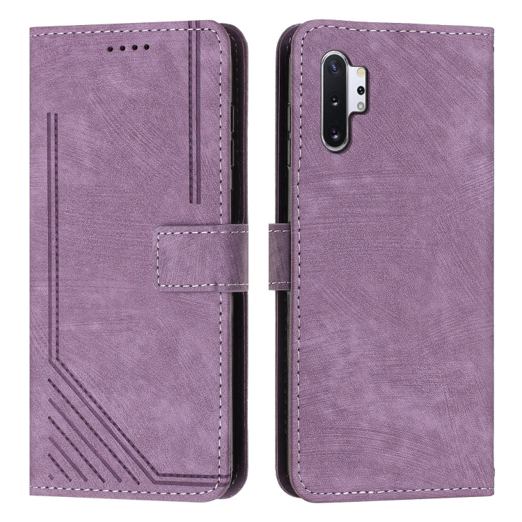 For Samsung Galaxy Note10+ Skin Feel Stripe Pattern Leather Phone Case with Lanyard