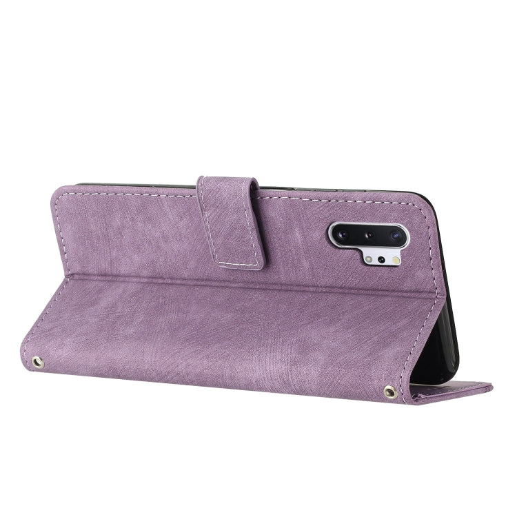 For Samsung Galaxy Note10+ Skin Feel Stripe Pattern Leather Phone Case with Lanyard
