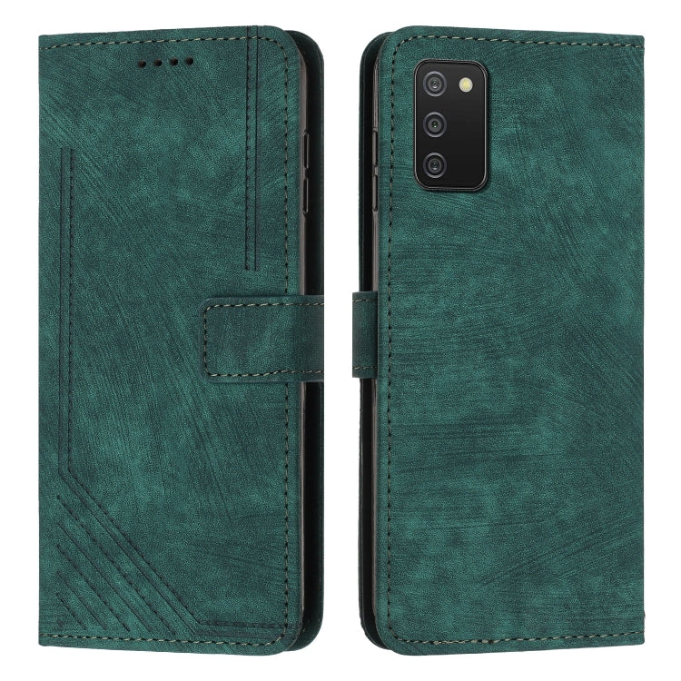 For Samsung Galaxy A02s US 166mm Skin Feel Stripe Pattern Leather Phone Case with Lanyard