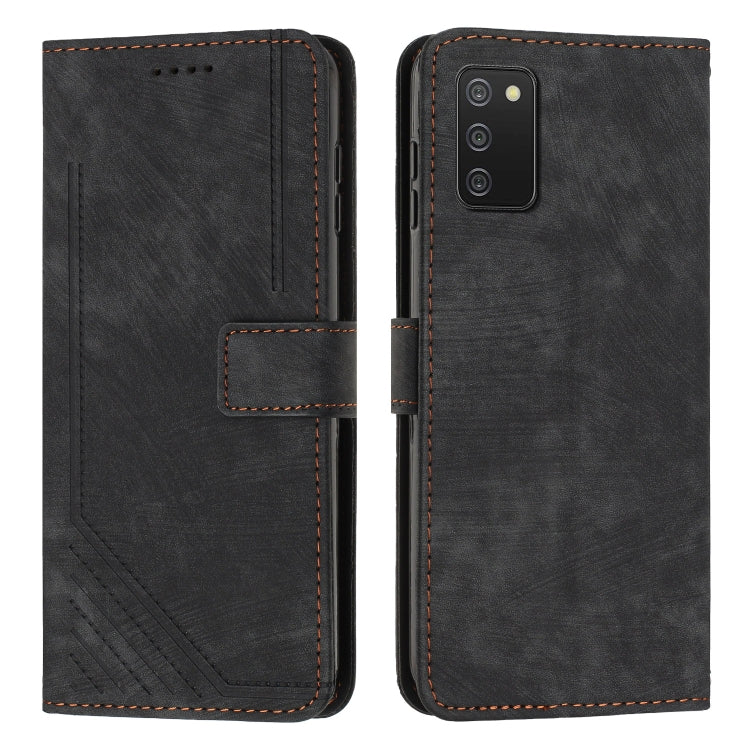 For Samsung Galaxy A02s US 166mm Skin Feel Stripe Pattern Leather Phone Case with Lanyard
