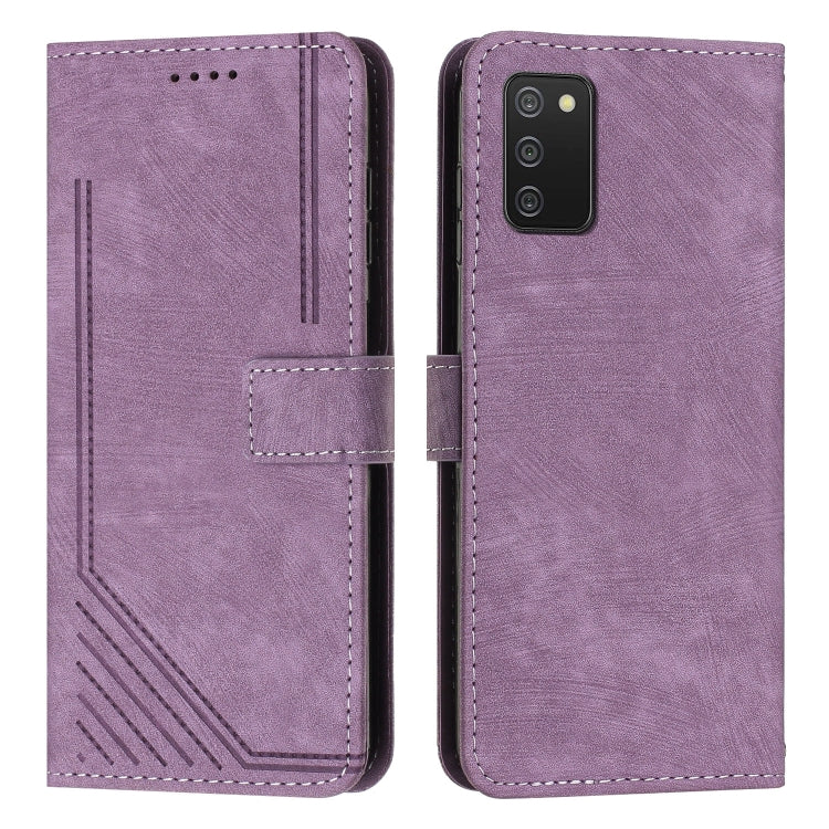 For Samsung Galaxy A02s US 166mm Skin Feel Stripe Pattern Leather Phone Case with Lanyard