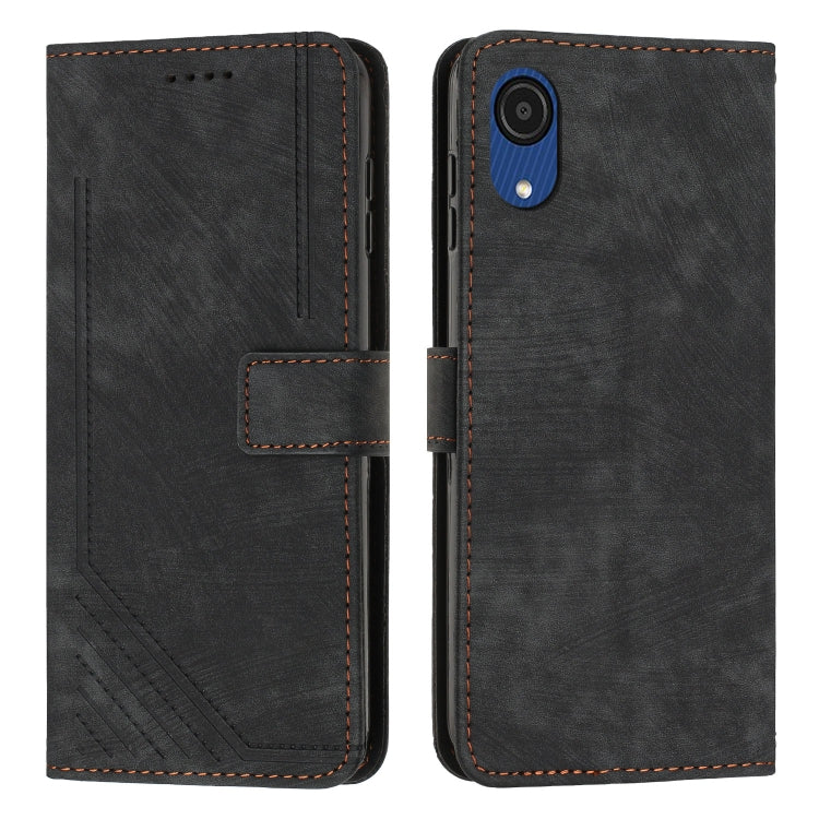 For Samsung Galaxy A03 Core Skin Feel Stripe Pattern Leather Phone Case with Lanyard