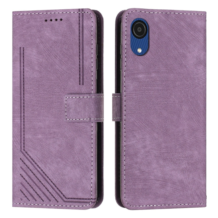 For Samsung Galaxy A03 Core Skin Feel Stripe Pattern Leather Phone Case with Lanyard