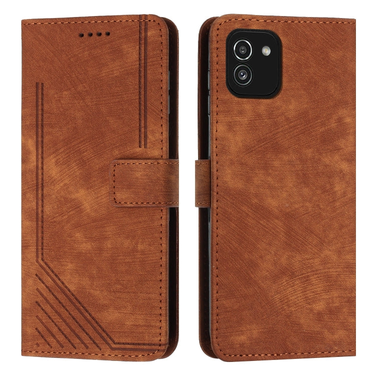 For Samsung Galaxy A03 EU 166mm Skin Feel Stripe Pattern Leather Phone Case with Lanyard