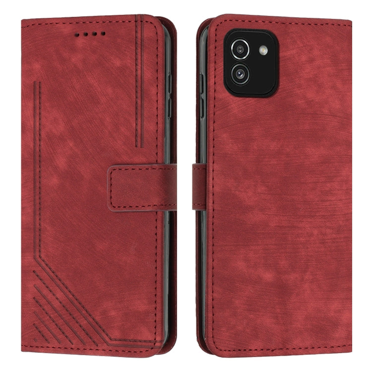 For Samsung Galaxy A03 EU 166mm Skin Feel Stripe Pattern Leather Phone Case with Lanyard