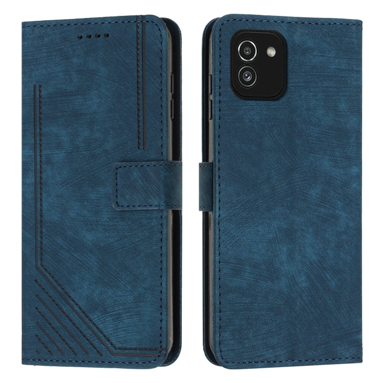For Samsung Galaxy A03 EU 166mm Skin Feel Stripe Pattern Leather Phone Case with Lanyard