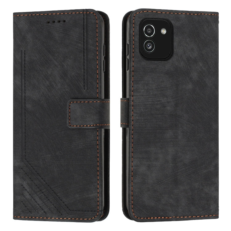 For Samsung Galaxy A03 EU 166mm Skin Feel Stripe Pattern Leather Phone Case with Lanyard