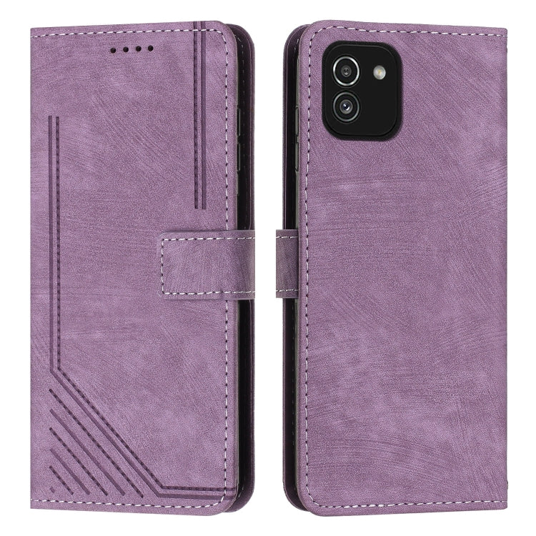 For Samsung Galaxy A03 EU 166mm Skin Feel Stripe Pattern Leather Phone Case with Lanyard