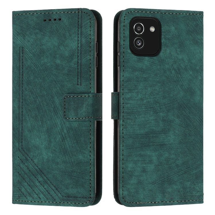 For Samsung Galaxy A03 Indonesia/Global Skin Feel Stripe Pattern Leather Phone Case with Lanyard