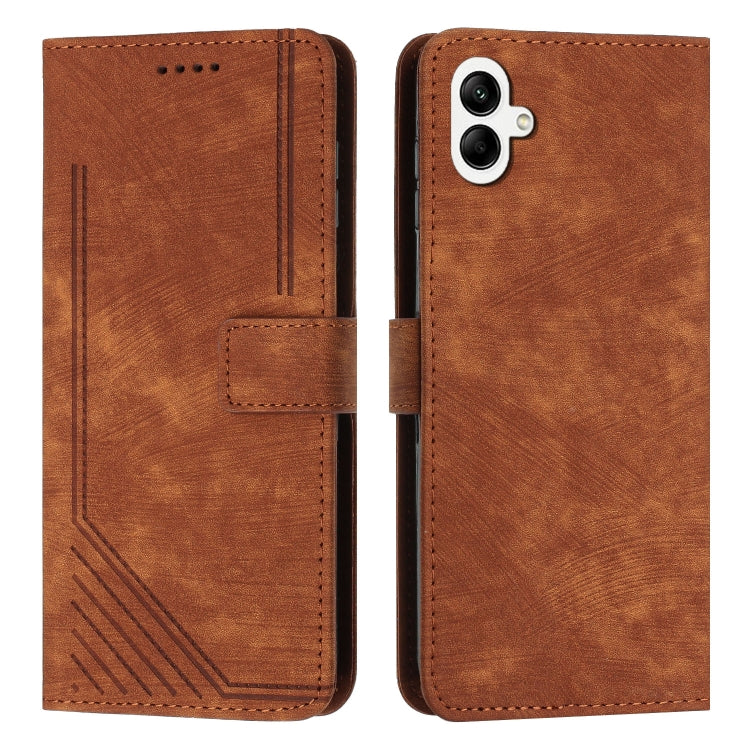 For Samsung Galaxy A04e / F04 Skin Feel Stripe Pattern Leather Phone Case with Lanyard