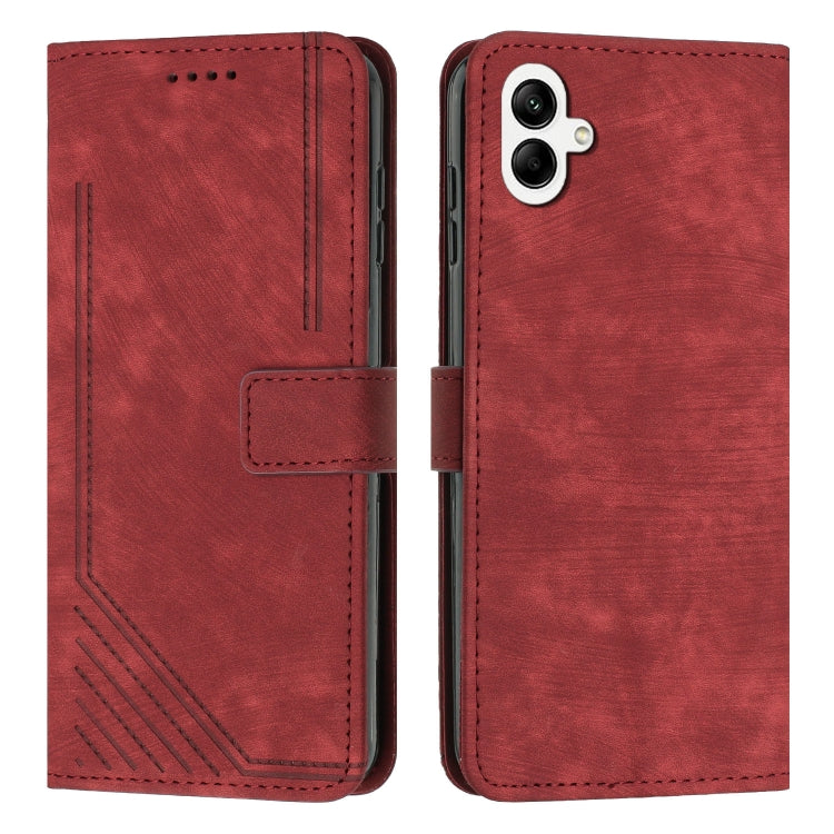 For Samsung Galaxy A04e / F04 Skin Feel Stripe Pattern Leather Phone Case with Lanyard
