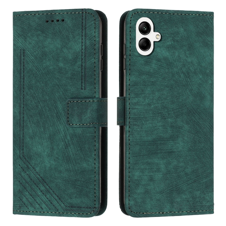 For Samsung Galaxy A04e / F04 Skin Feel Stripe Pattern Leather Phone Case with Lanyard