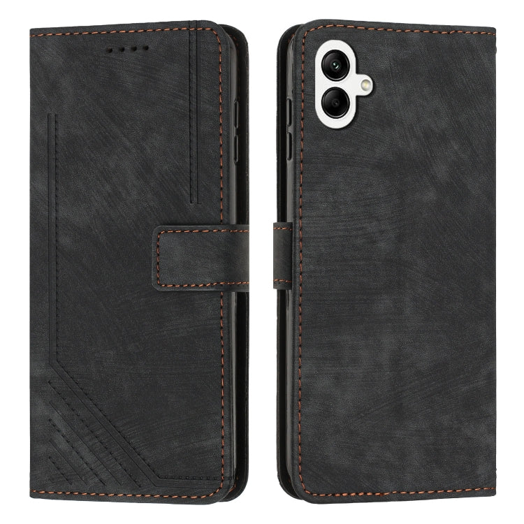 For Samsung Galaxy A04e / F04 Skin Feel Stripe Pattern Leather Phone Case with Lanyard