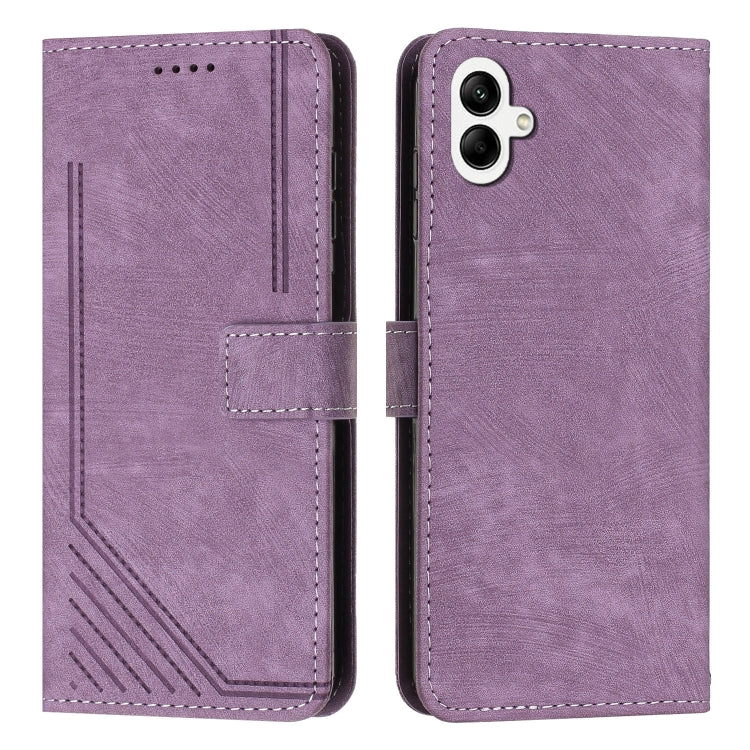 For Samsung Galaxy A04e / F04 Skin Feel Stripe Pattern Leather Phone Case with Lanyard