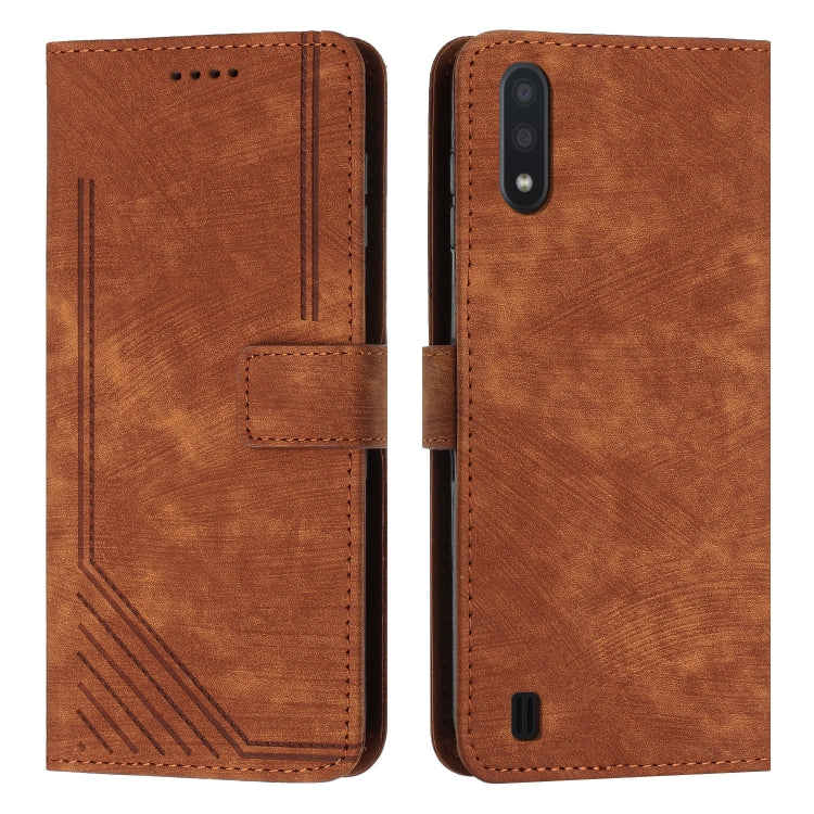 For Samsung Galaxy A10 / M10 Skin Feel Stripe Pattern Leather Phone Case with Lanyard