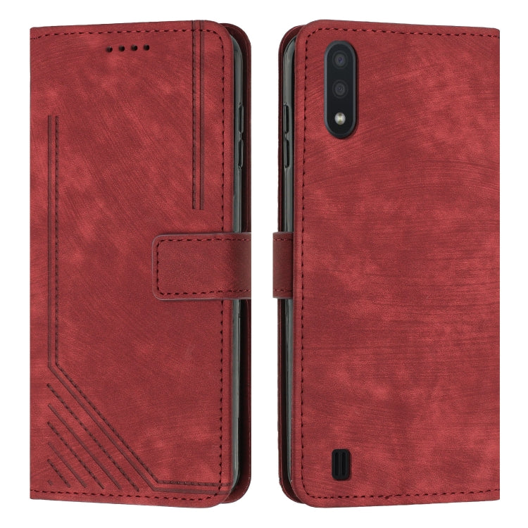 For Samsung Galaxy A10 / M10 Skin Feel Stripe Pattern Leather Phone Case with Lanyard